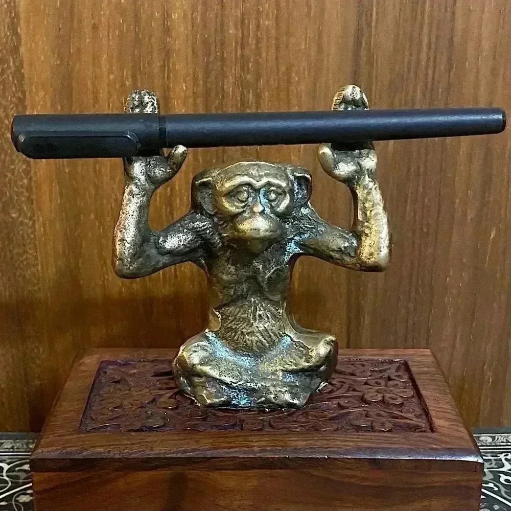 Vintage Bronze Monkey Pen Holder Business Card Office Desk Decor